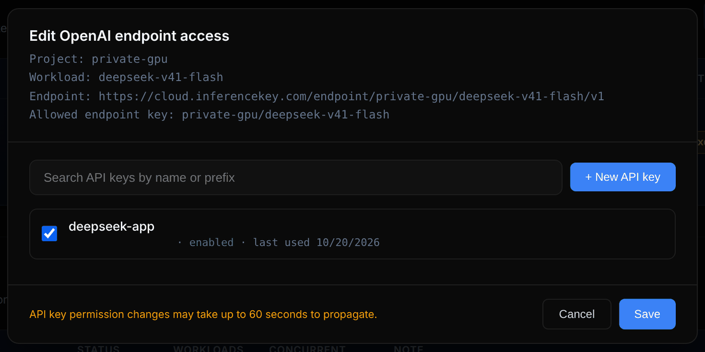 Edit OpenAI endpoint access: endpoint https://cloud.inferencekey.com/endpoint/private-gpu/deepseek-v41-flash/v1, API key deepseek-app enabled